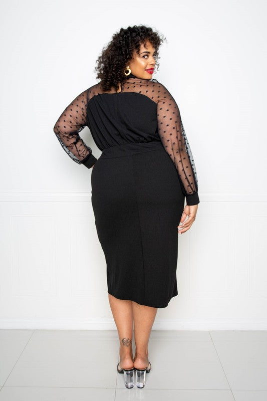HIGH NECK DRESS WITH POLKA DOT MESH