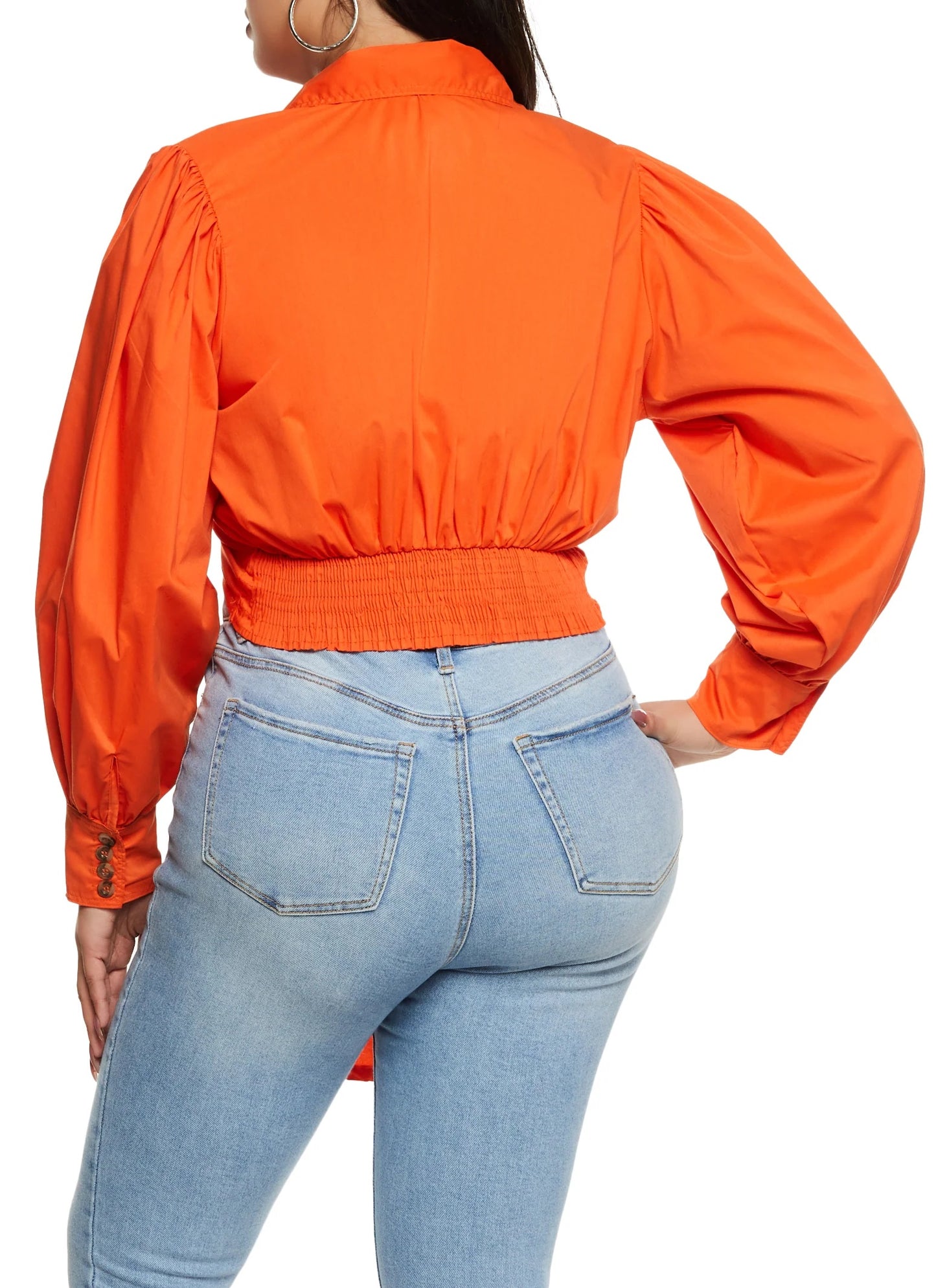 Plus Size Balloon Sleeve Tie Front Crop Top