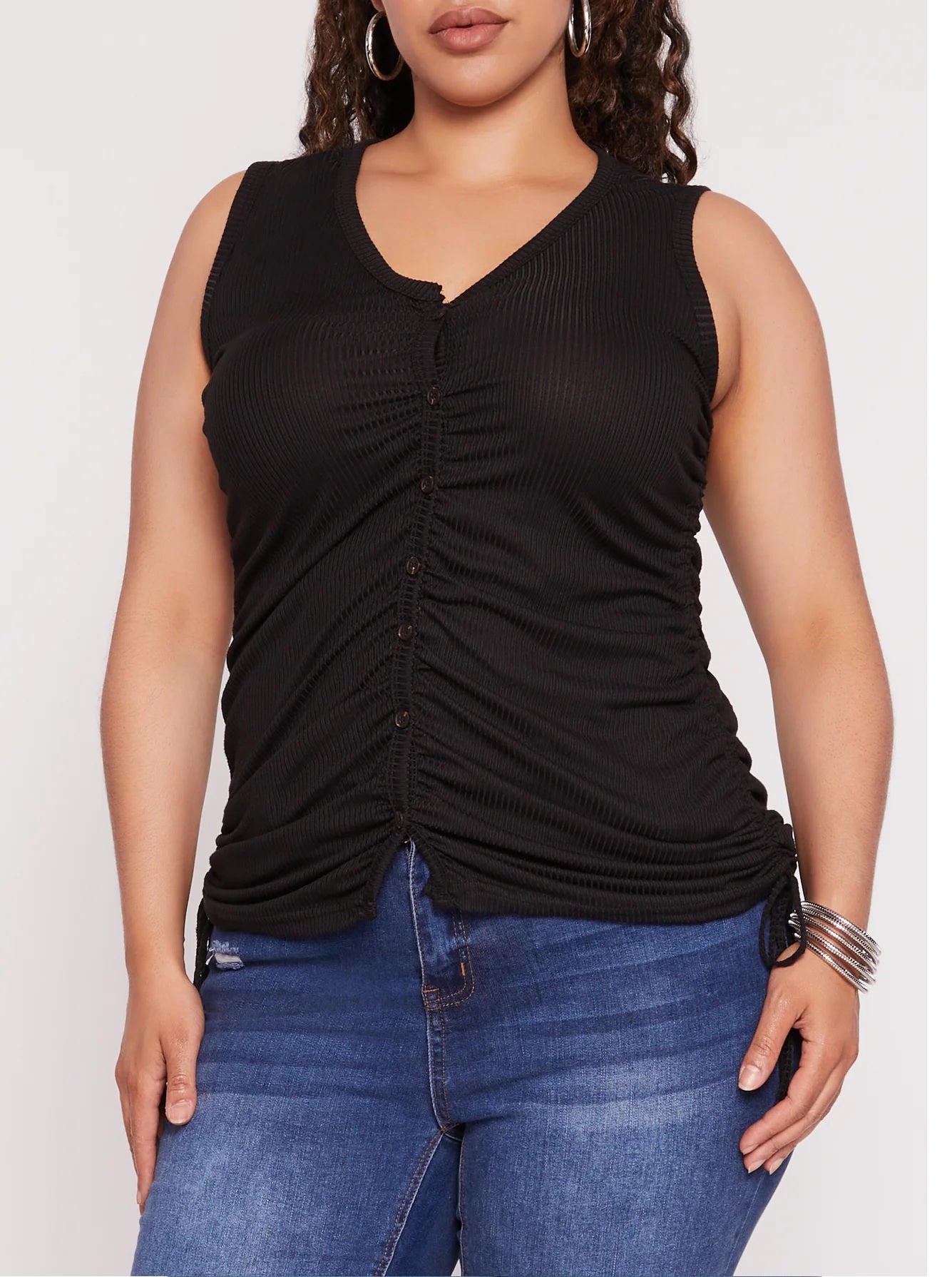 Plus Size Rib Knit Ruched Side Button Front Tank Top