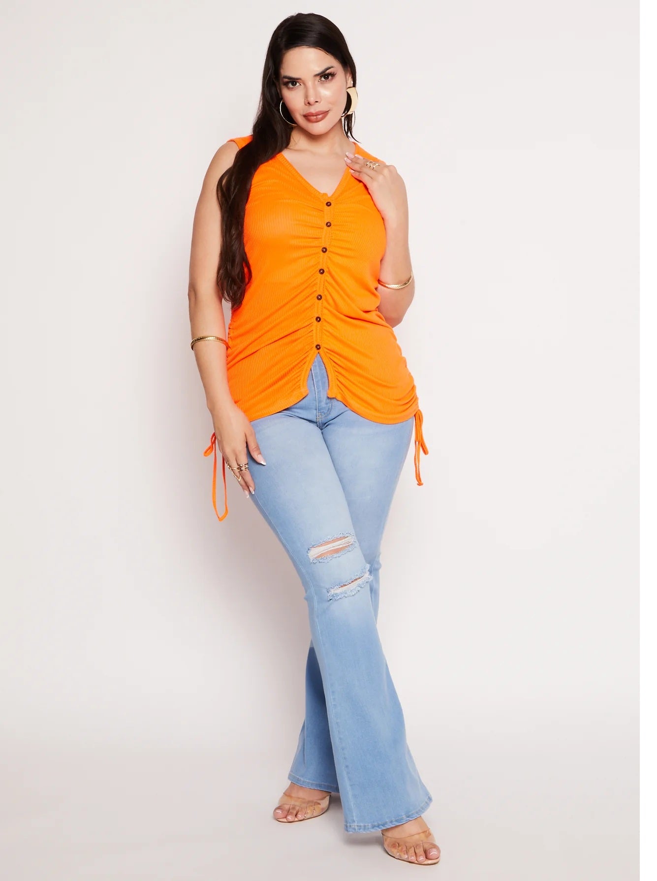Plus Size Rib Knit Ruched Side Button Front Tank Top