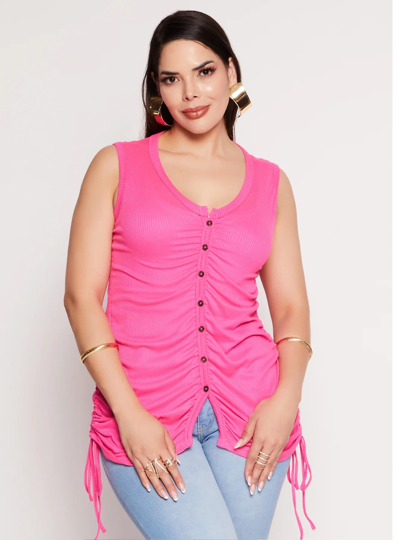 Plus Size Rib Knit Ruched Side Button Front Tank Top