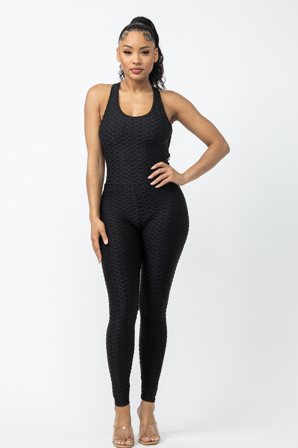 Honeycomb Jacquard Sleeveless Cross Back Jumpsuit