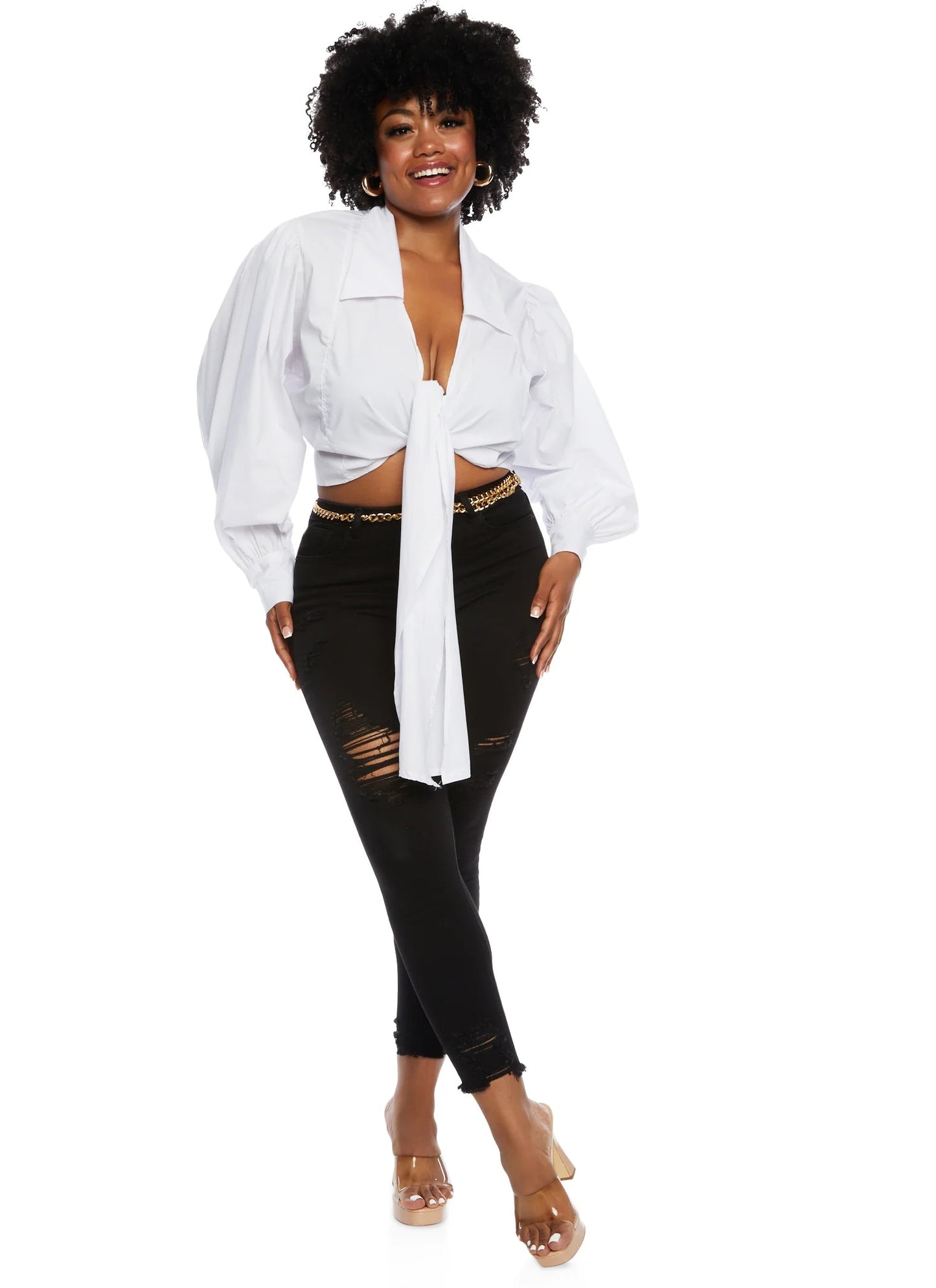 Plus Size Balloon Sleeve Tie Front Crop Top