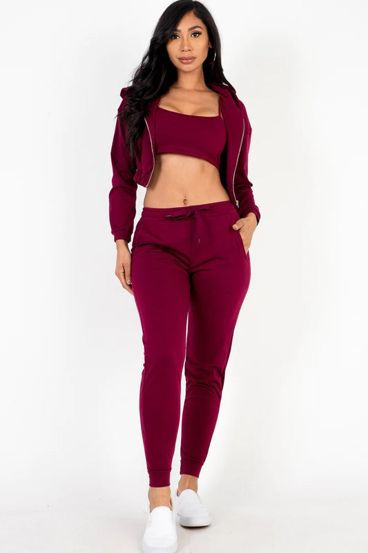 French terry cropped cami with zip-up jacket and joggers set
