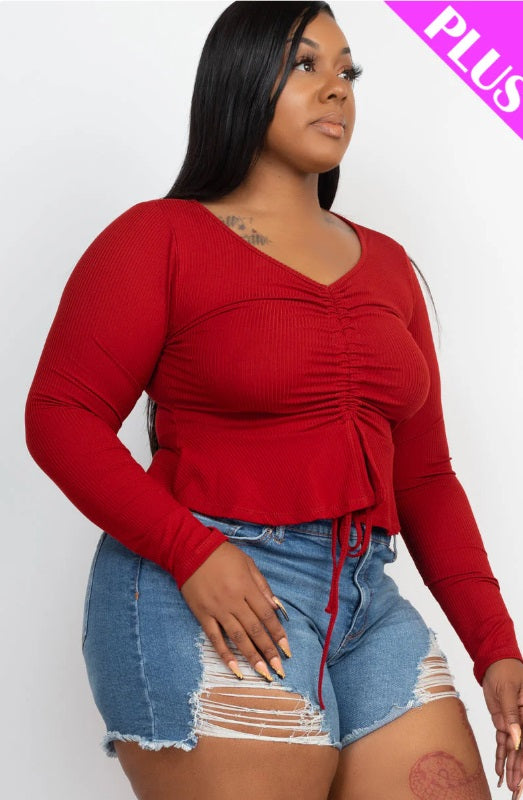 Plus Size Ribbed Drawstring Front Long Sleeve Peplum Top