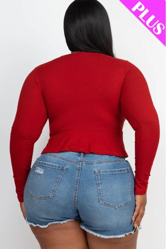 Plus Size Ribbed Drawstring Front Long Sleeve Peplum Top