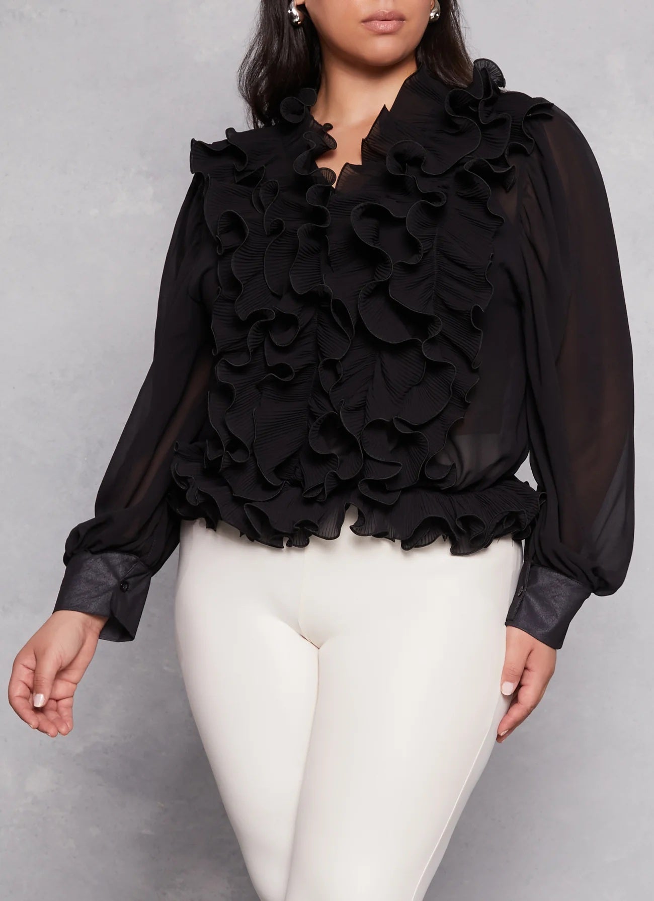 Plus Size Plisse Ruffle Chiffon Blouse