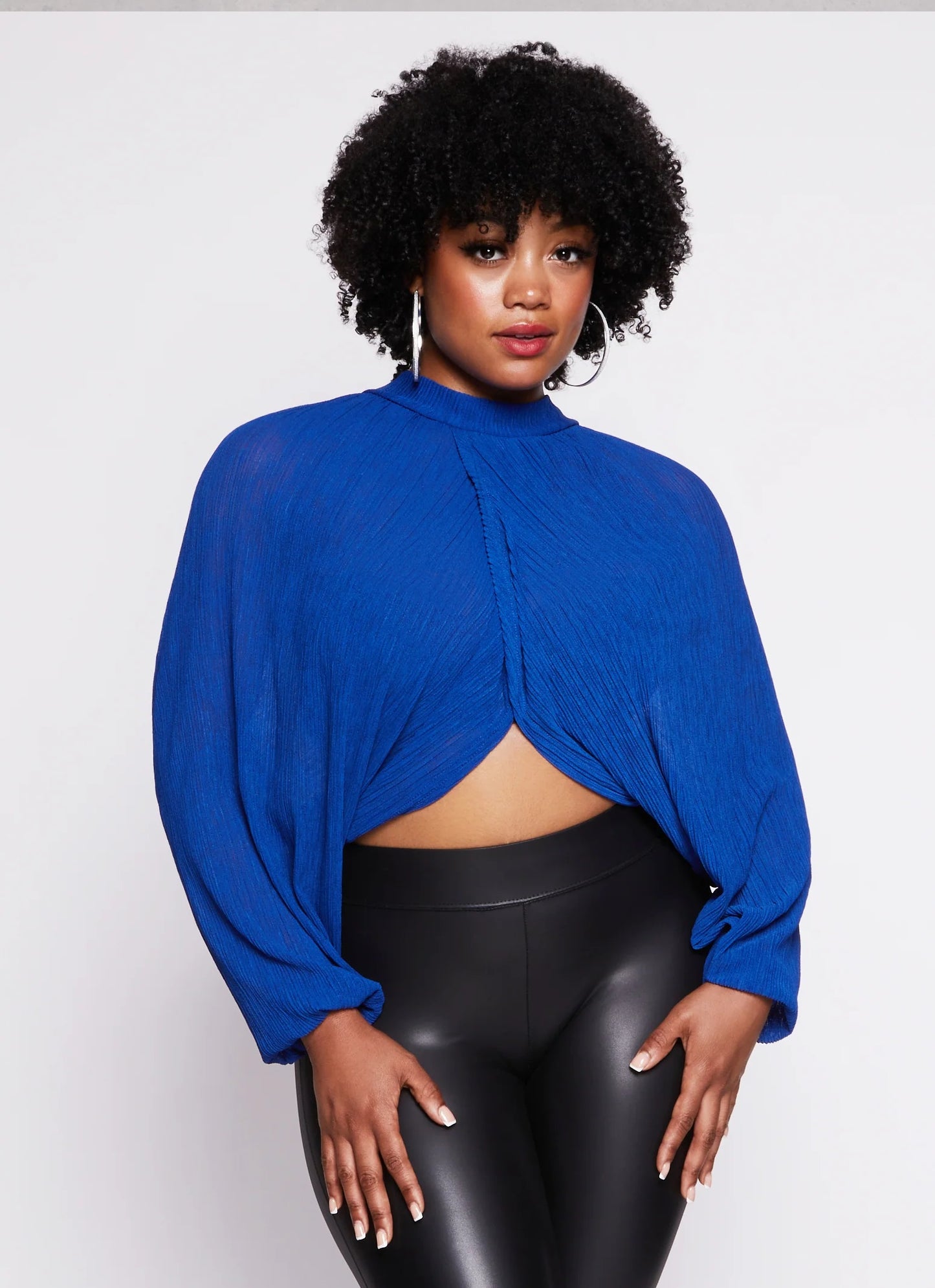 Plus Size Chiffon Mock Neck Long Sleeve Crop Top
