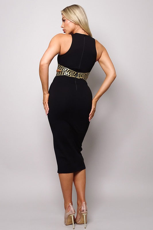 Crossed front halter neck geo trim midi dress