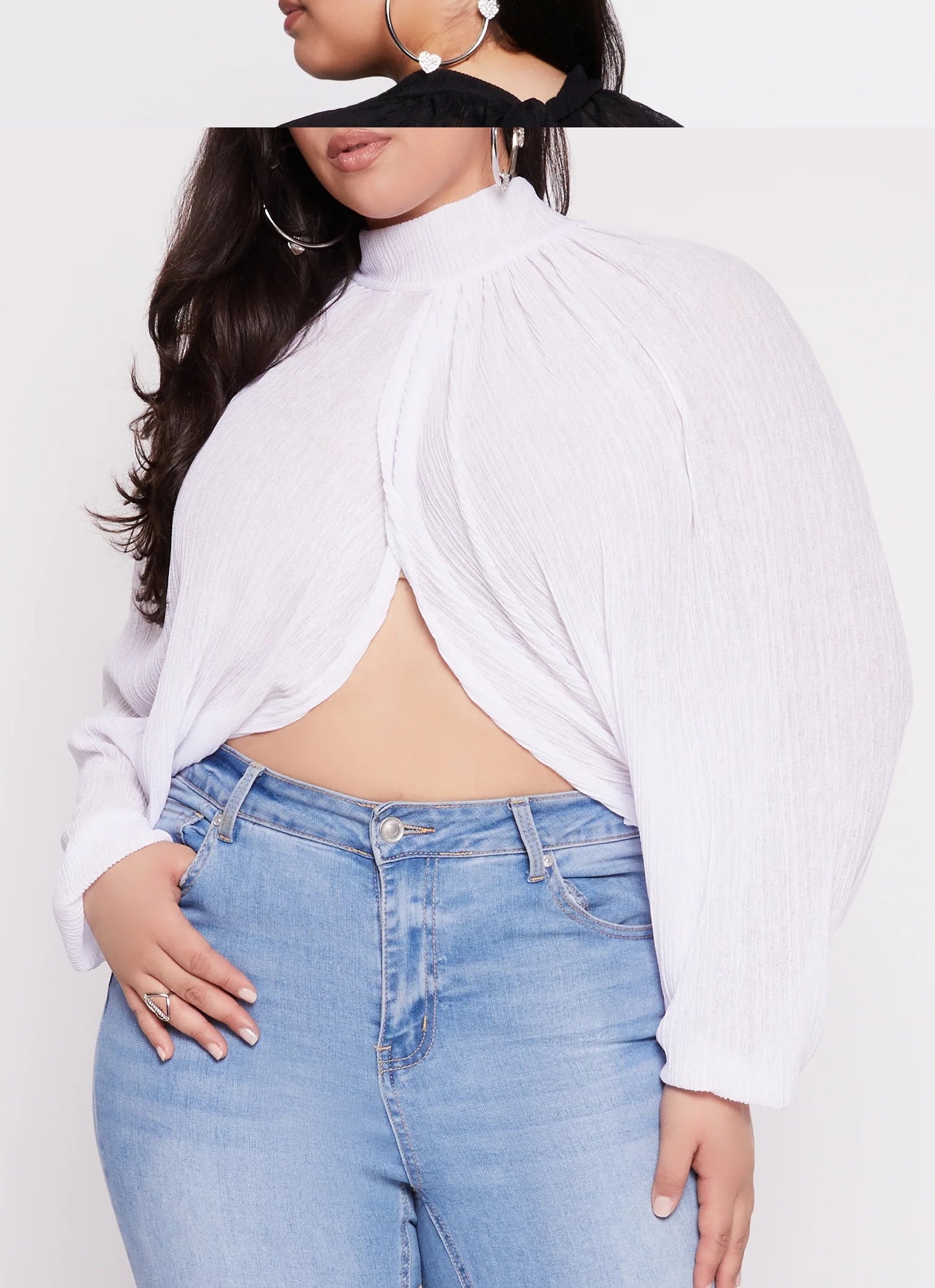 Plus Size Chiffon Mock Neck Long Sleeve Crop Top