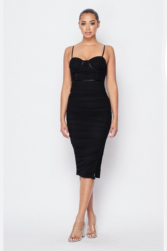 Shirred Mesh Bra Midi Dress