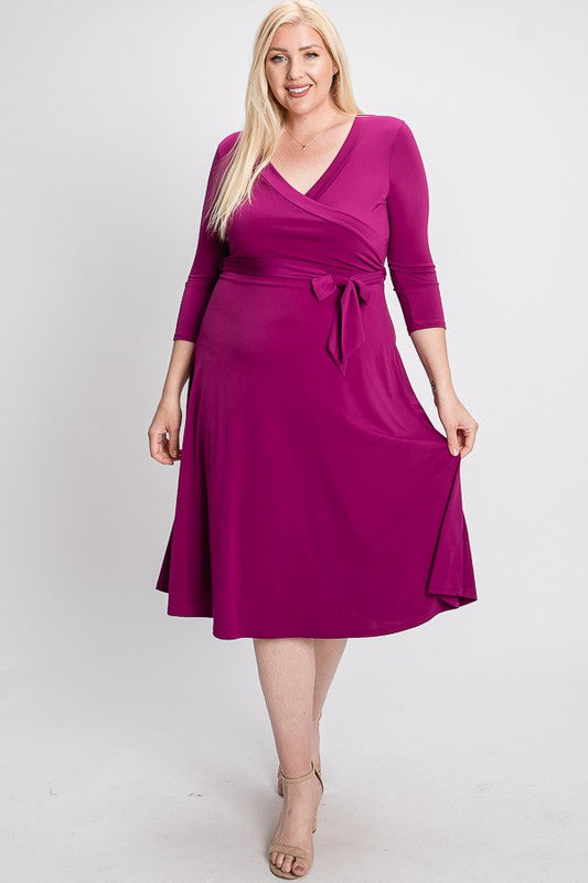 PLUS SOLID WRAP MIDI DRESS 3/4 SLEEVE.