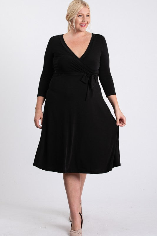 PLUS SOLID WRAP MIDI DRESS 3/4 SLEEVE.