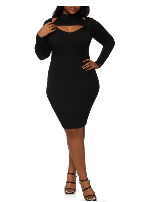 Plus Size Rib Knit Cut Out Midi Dress