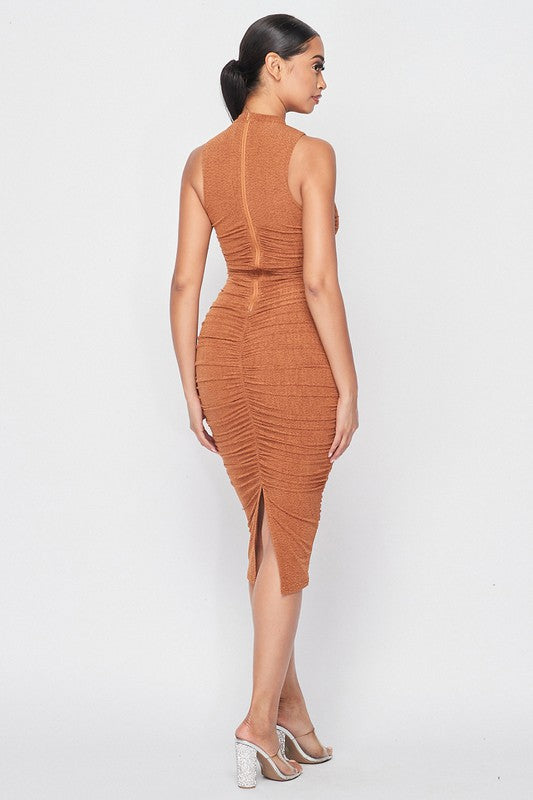 MOCK NECK SLEEVELESS MIDI BODYCON DRESS