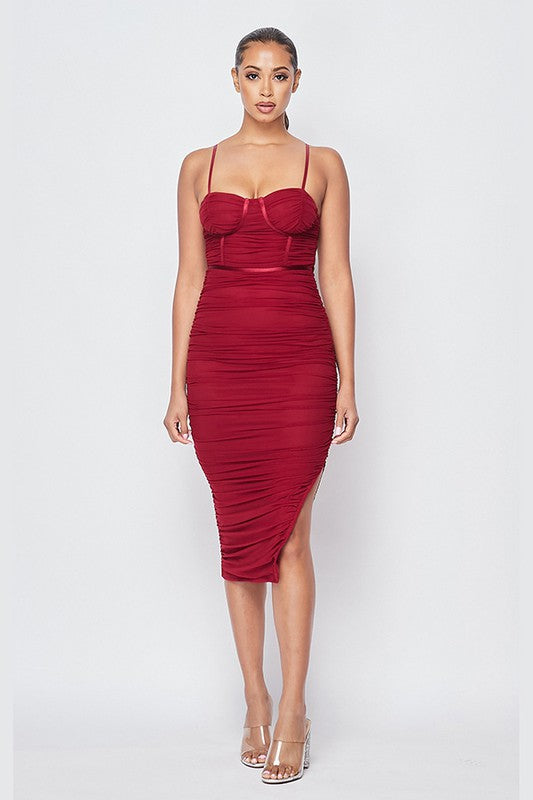 Shirred Mesh Bra Midi Dress