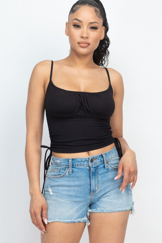 Ribbed front ruched and adjustable side string top