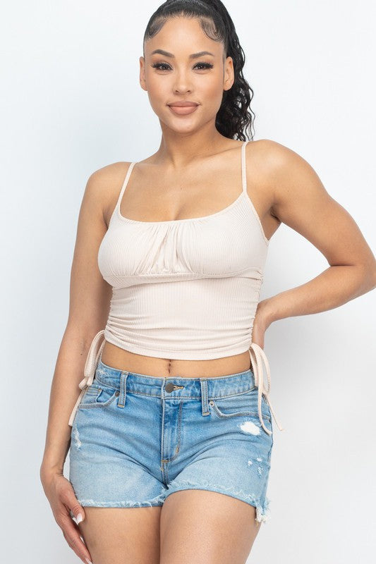 Ribbed front ruched and adjustable side string top