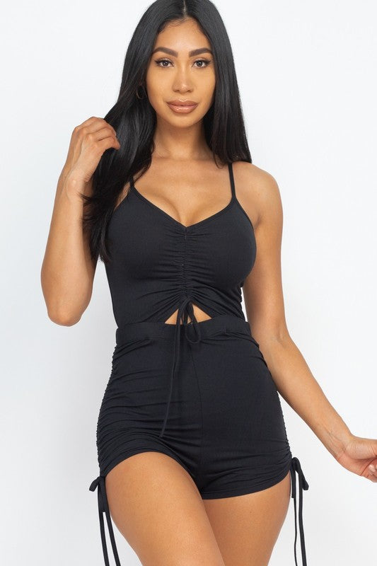 Solid Ruched Drawstring Cut-out Front Cami Romper