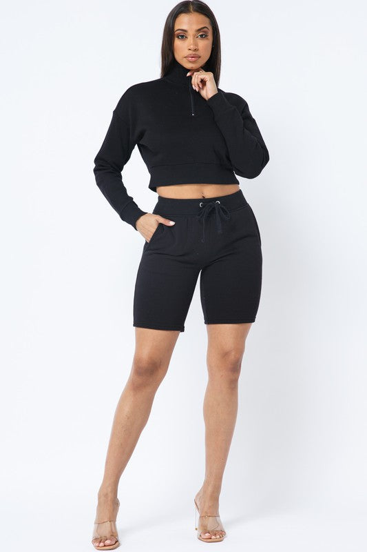HALF ZIPPER CROP TOP AND BIKER SHORT SET