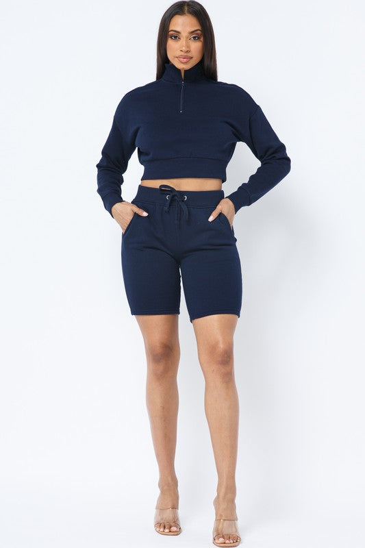 HALF ZIPPER CROP TOP AND BIKER SHORT SET