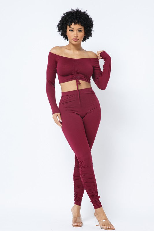 Shirring Tie Off Shoulder Crop Top And Side Shirring Leggings Set