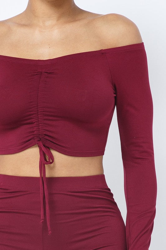 Shirring Tie Off Shoulder Crop Top And Side Shirring Leggings Set