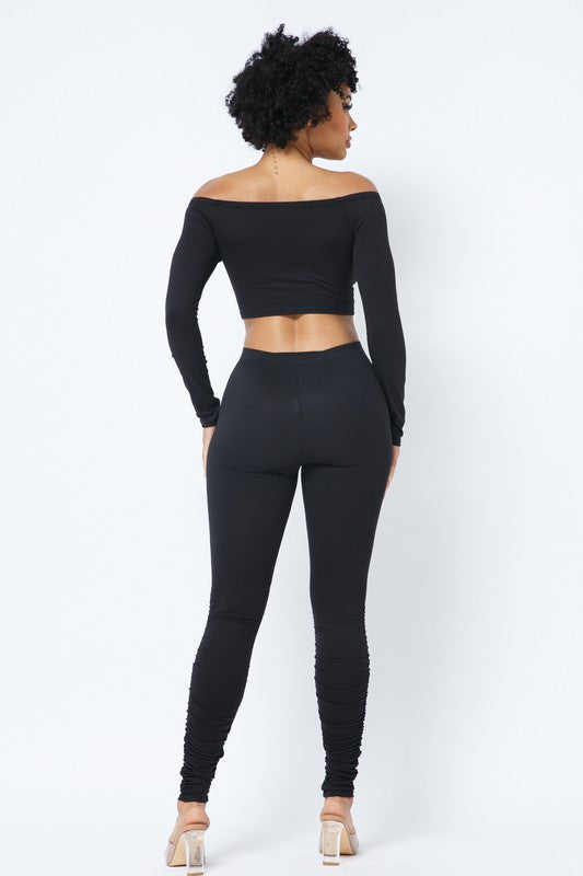 Shirring Tie Off Shoulder Crop Top And Side Shirring Leggings Set