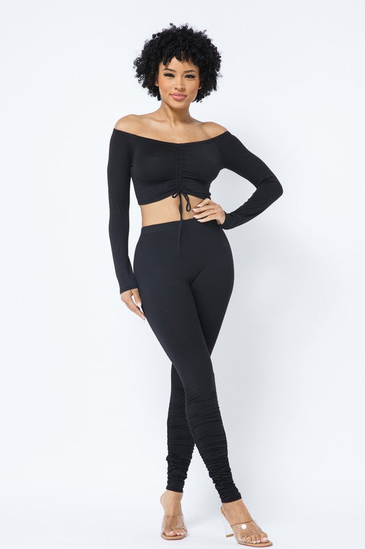 Shirring Tie Off Shoulder Crop Top And Side Shirring Leggings Set