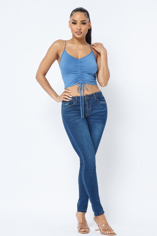 Brushed Dty Front Tunnel Shirring Tie Sleeveless Crop Top