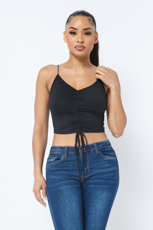 Brushed Dty Front Tunnel Shirring Tie Sleeveless Crop Top
