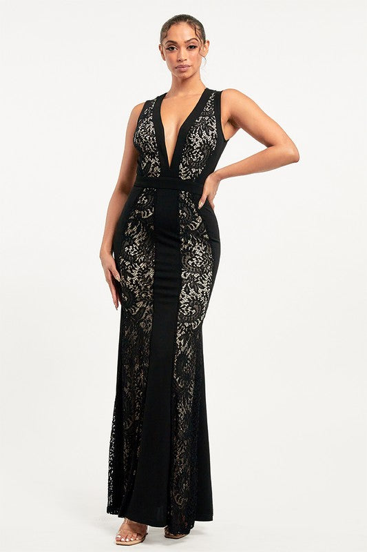 Lace mermaid cutout back maxi dress