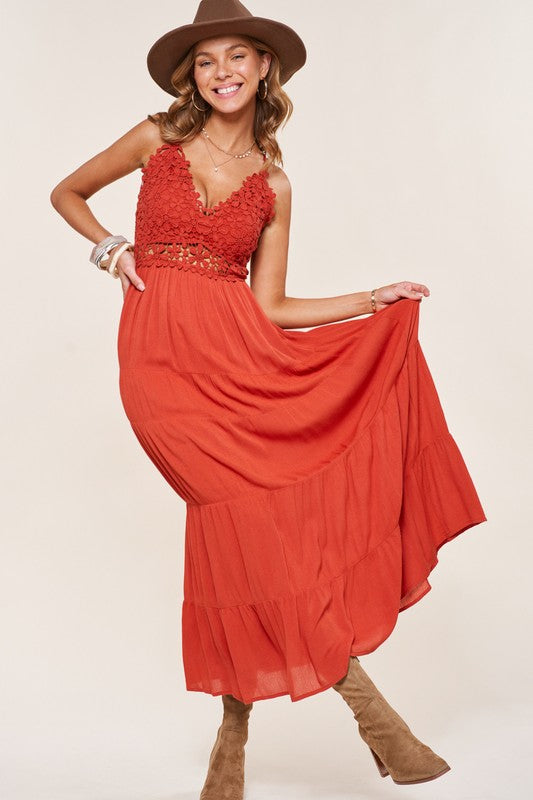 Boho flower crochet lace maxi dress