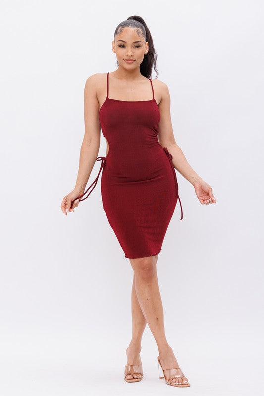 Open Side Waist Tunnel Spaghetti Tie Midi Dress