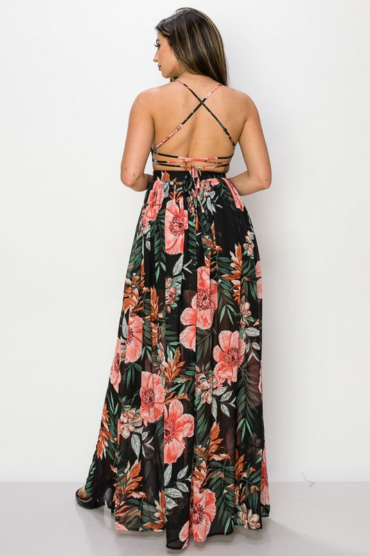 FLORAL CHIFFON CUT OUT WAIST OPEN/STRAP BACK DETAIL SLIT FRONT MAXI DRESS