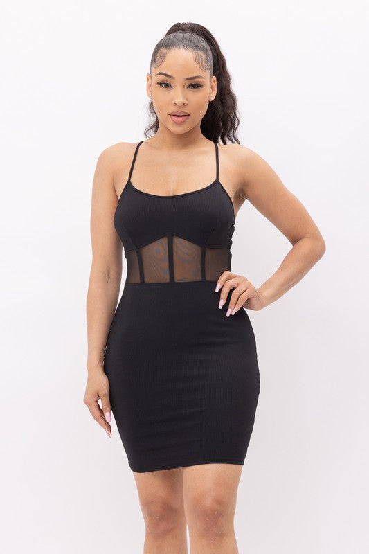 Front Contrast Mesh Corset Style Midi Dress