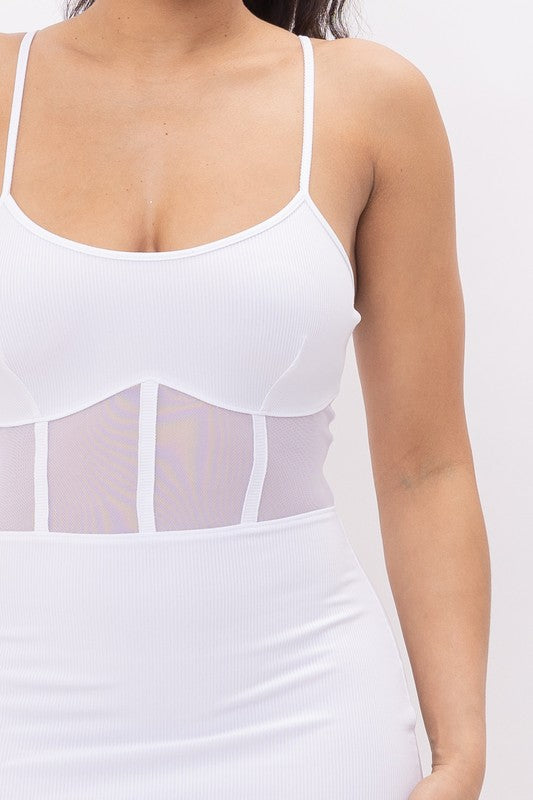 Front Contrast Mesh Corset Style Midi Dress