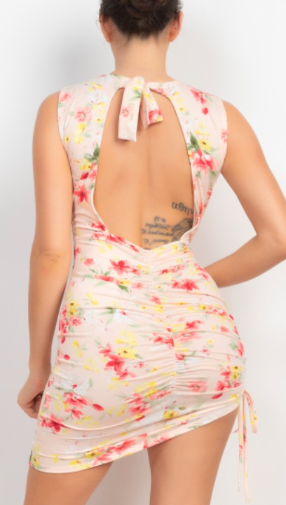 Ruched Floral Open Back Dress