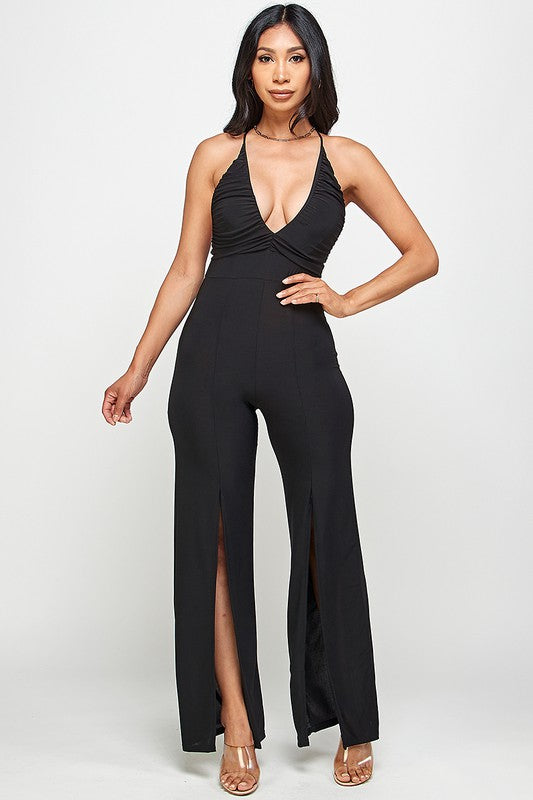 Cross Cami Back, Front Slit Jumpsuit