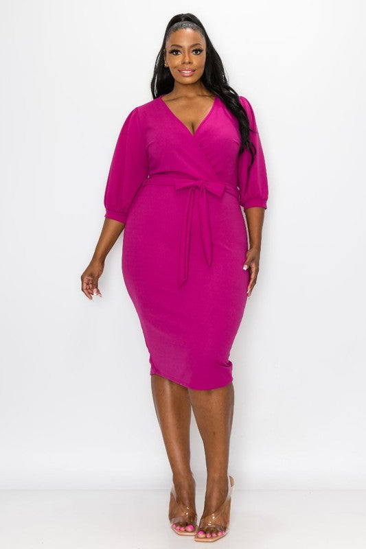 PLUS SIZE SURPLISE ELBO SLEEVE DRESS ANS SELF BELT