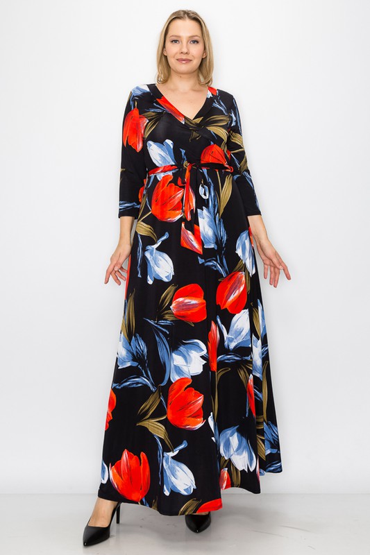 3/4 sleeve maxi wrap dress