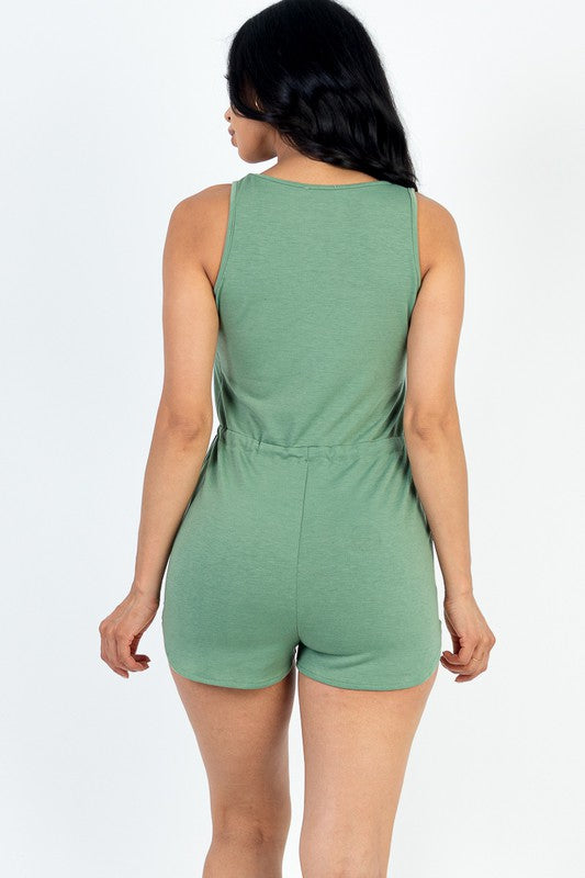 Sleeveless Drawstring Waist Button Tank Romper
