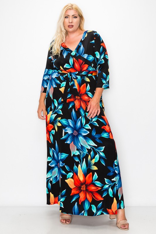 3/4 sleeve maxi wrap dress