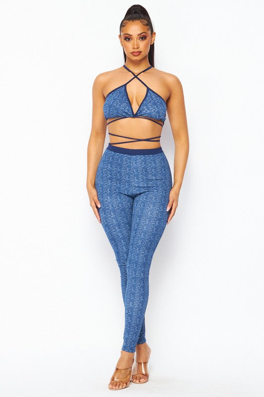 STRETCHED DENIM LOOK STRAPPY HALTER TOP AND LEGGING SET