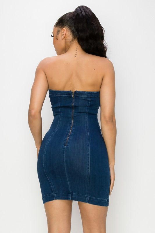 Sweetheart Zippered Tube Denim Dress