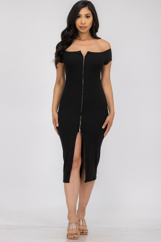 Off shoulderzip front dress