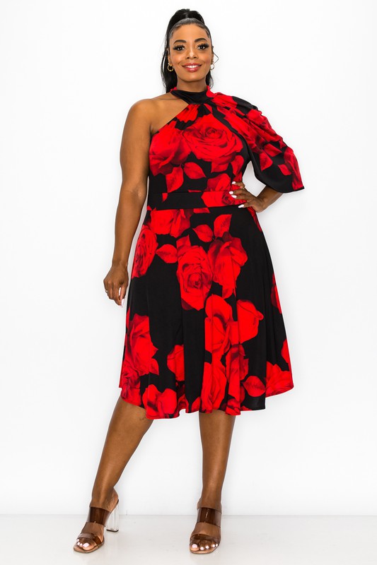 Plus One Shoulder Print Flare Dress