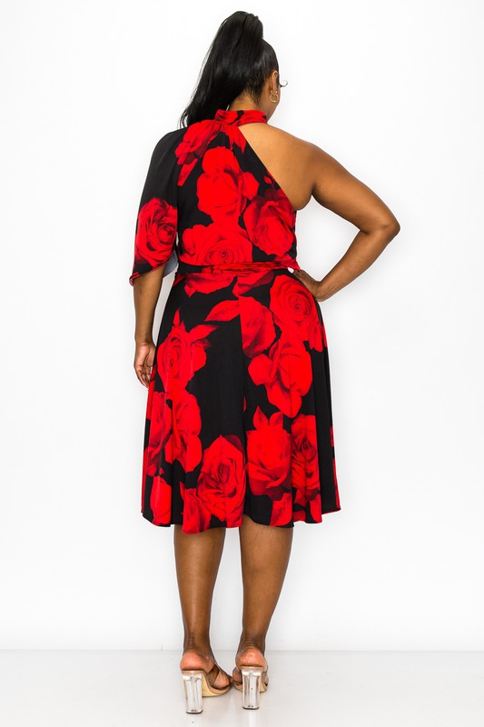 Plus One Shoulder Print Flare Dress