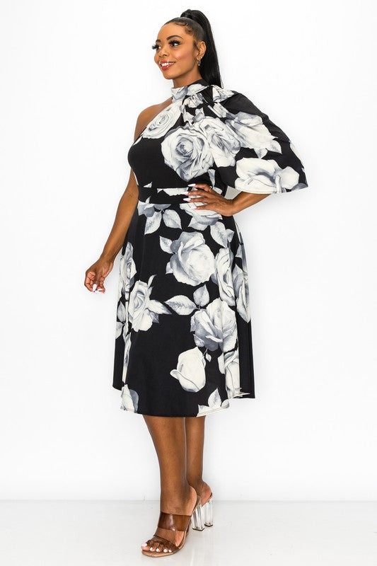 Plus One Shoulder Print Flare Dress