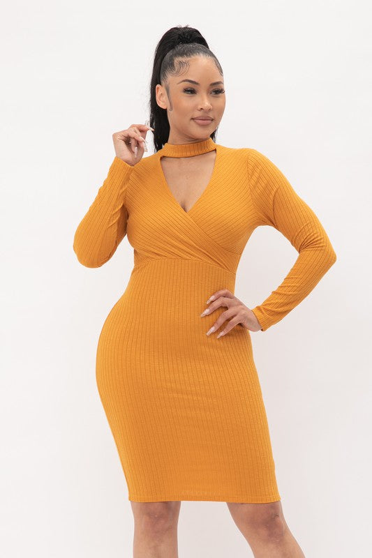 Knit Sweater Rib Front Choker Neck Long Sleeve Surplus Midi Dress